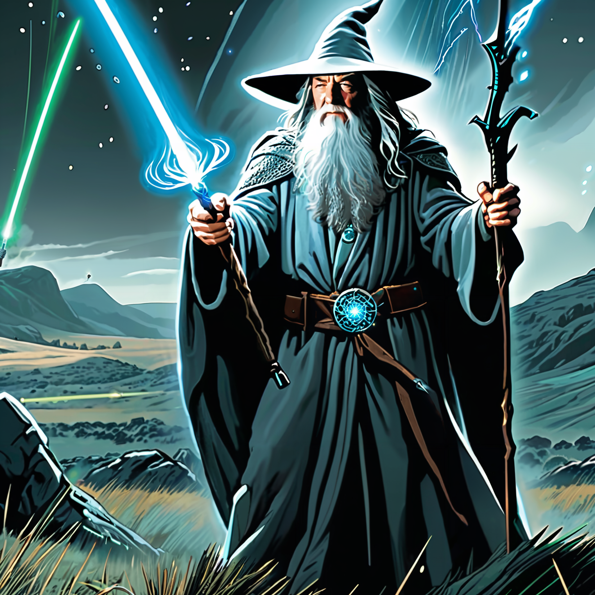 00043-2787772481-Gandalf the Grey holding  bioluminescent  Assault Rifle shooting  glowing laser beams ,middle earth, plains, comicbook style, ex.png